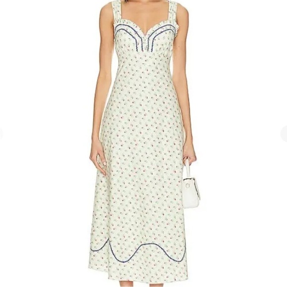 Free People Dresses & Skirts - Free People Cream Floral Midi Dress with Blue Trim